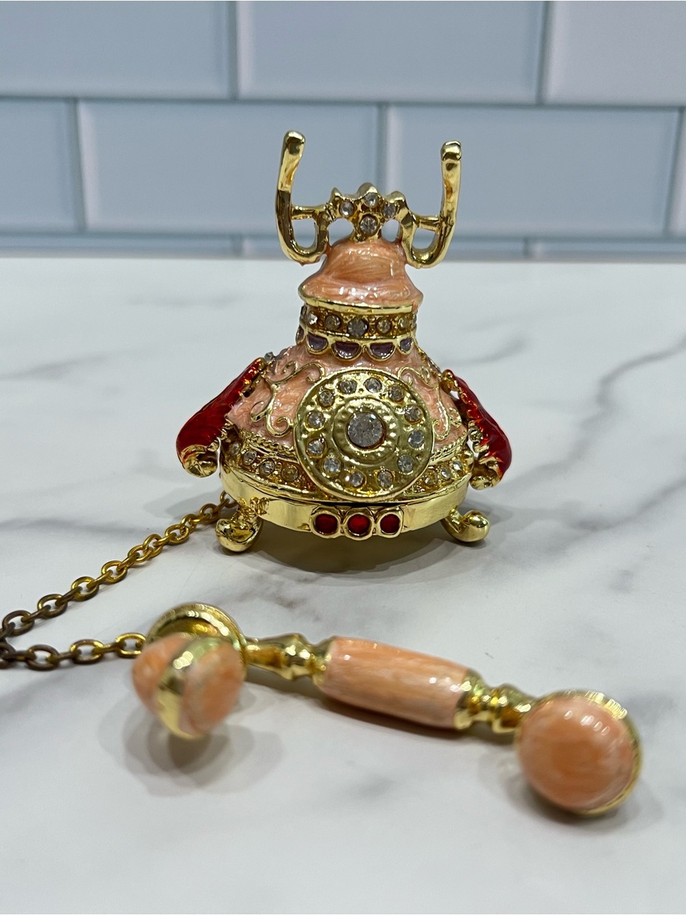 Objet D’Art Bonnie Antique Telephone Trinket Box Pink Gold Enameled & Jeweled - Picture 2 of 7